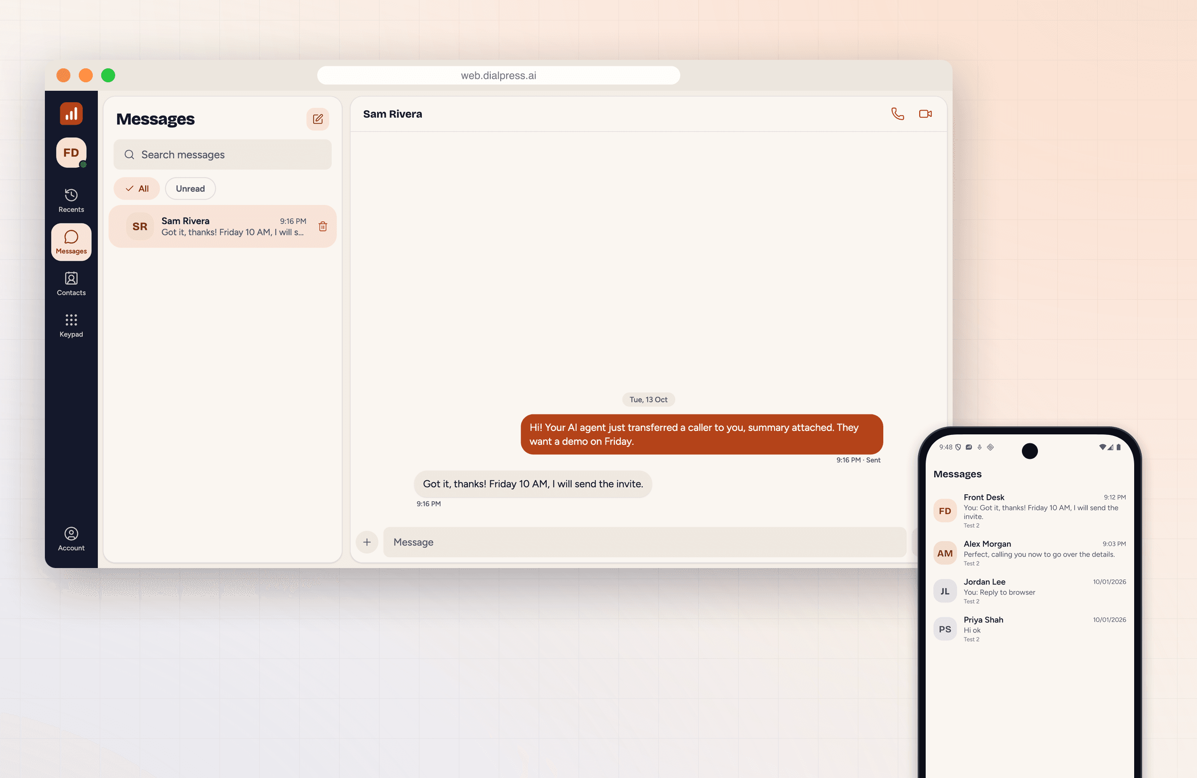 DialPress softphone messages on the web and Android