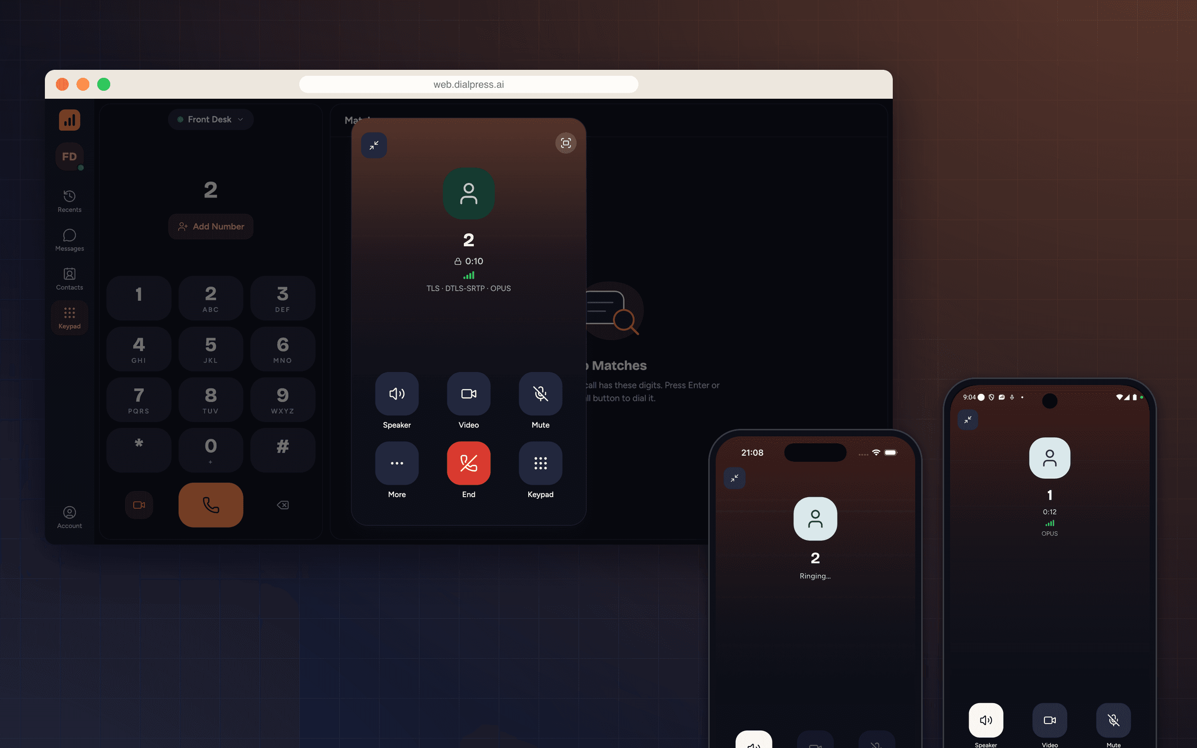 An encrypted DialPress softphone call between the web, iPhone and Android