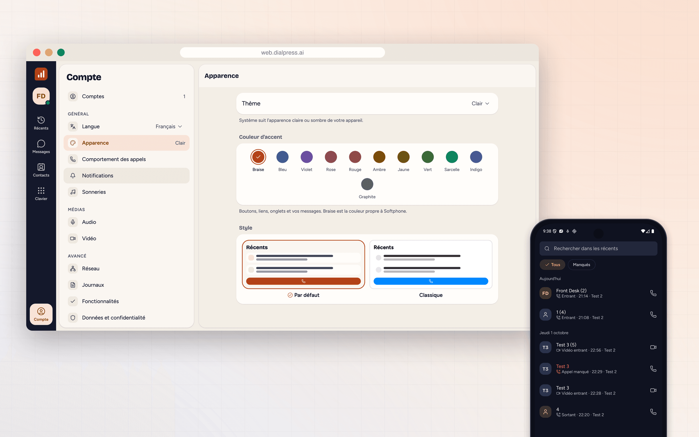 The DialPress softphone in French on the web and Android