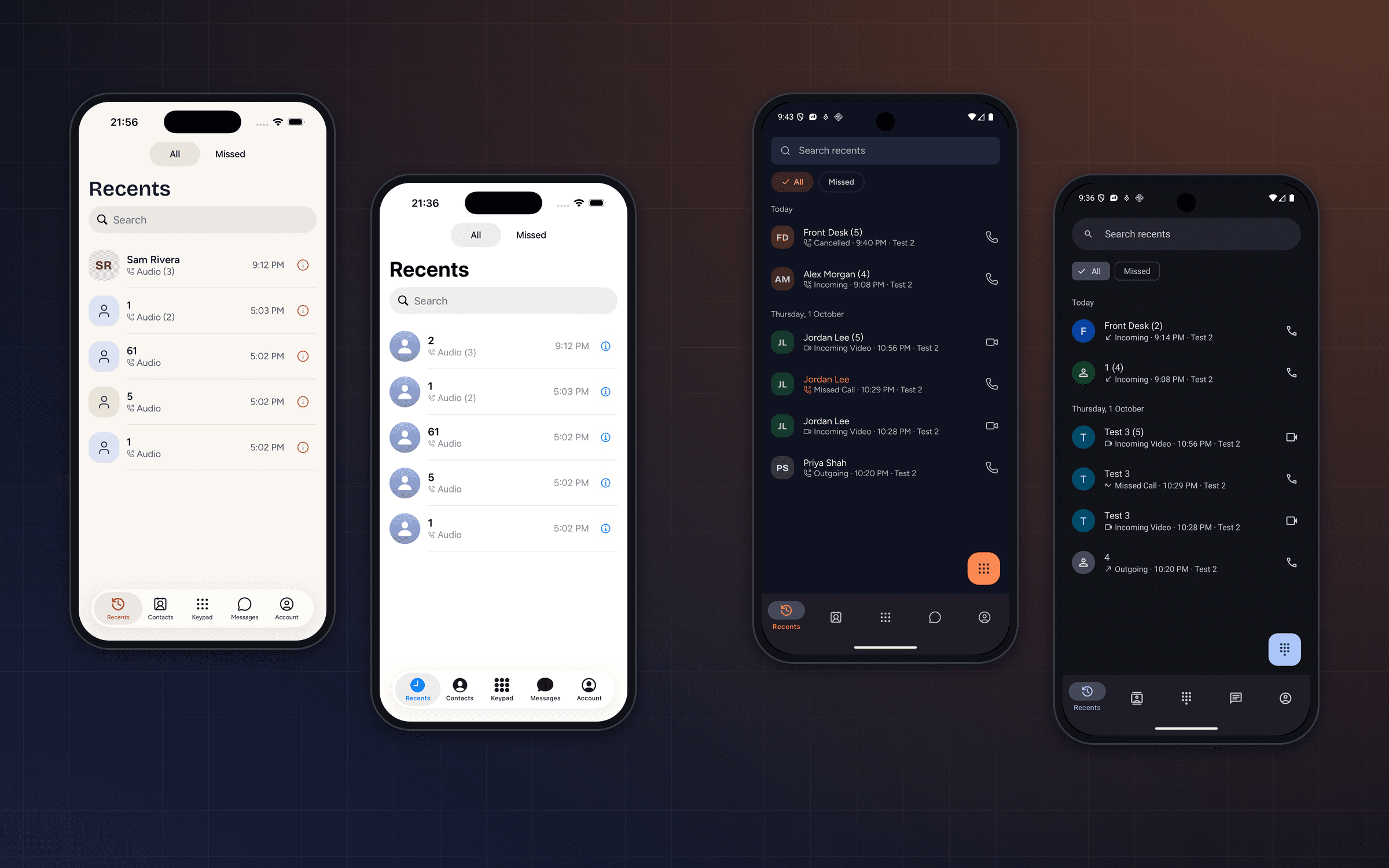 The DialPress softphone in its Default and Classic styles on iPhone and Android